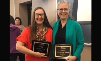 Keara Ludiker and Shelley MacDermid Wadsworth receiving the Purdue HHS engagement award