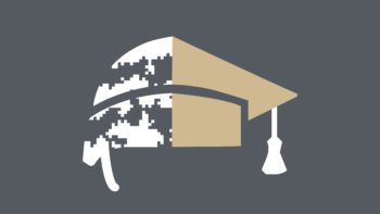 Focus Forward Fellowship icon: Half of a white military camouflage helmet, half of a gold graduation cap with a white tassel